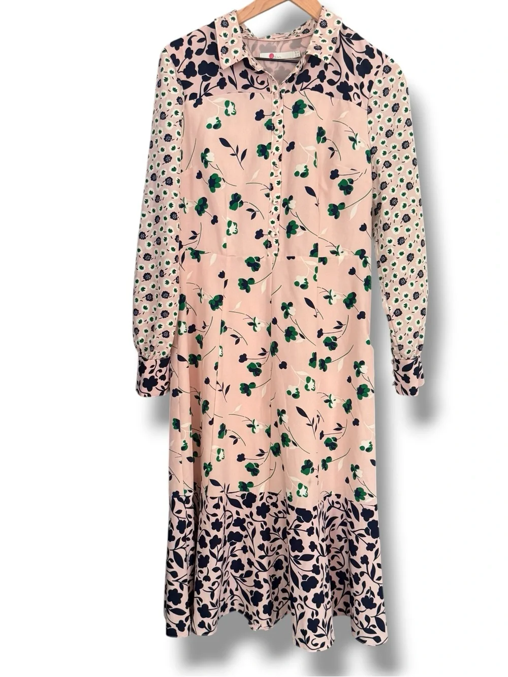 Boden Sybil Long Sleeve Floral Midi Dress Pink Green Button Collared Size‎ 8